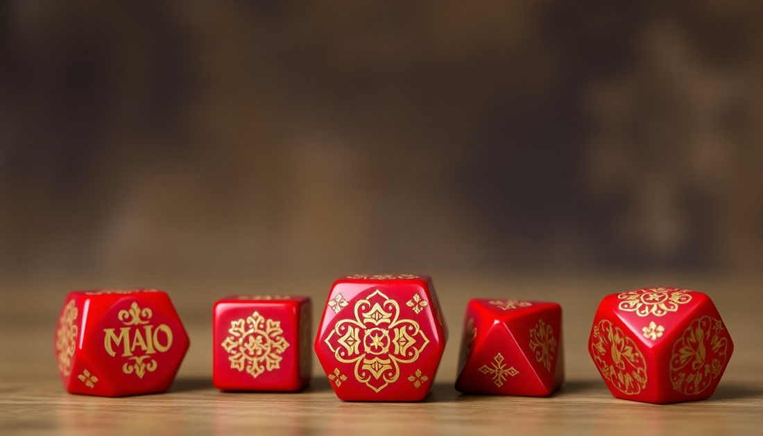 Elegant Custodes Dice for family games featuring intricate golden designs on vibrant red polyhedral dice