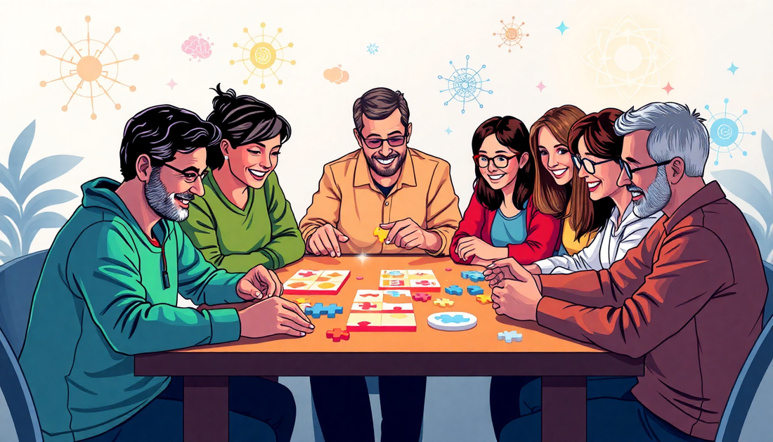 Group of adults enjoying interactive memory games for adults around a table