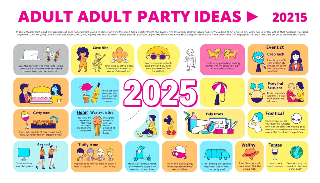 Colorful infographic showcasing adult party themes 2025 with creative ideas and themes for parties