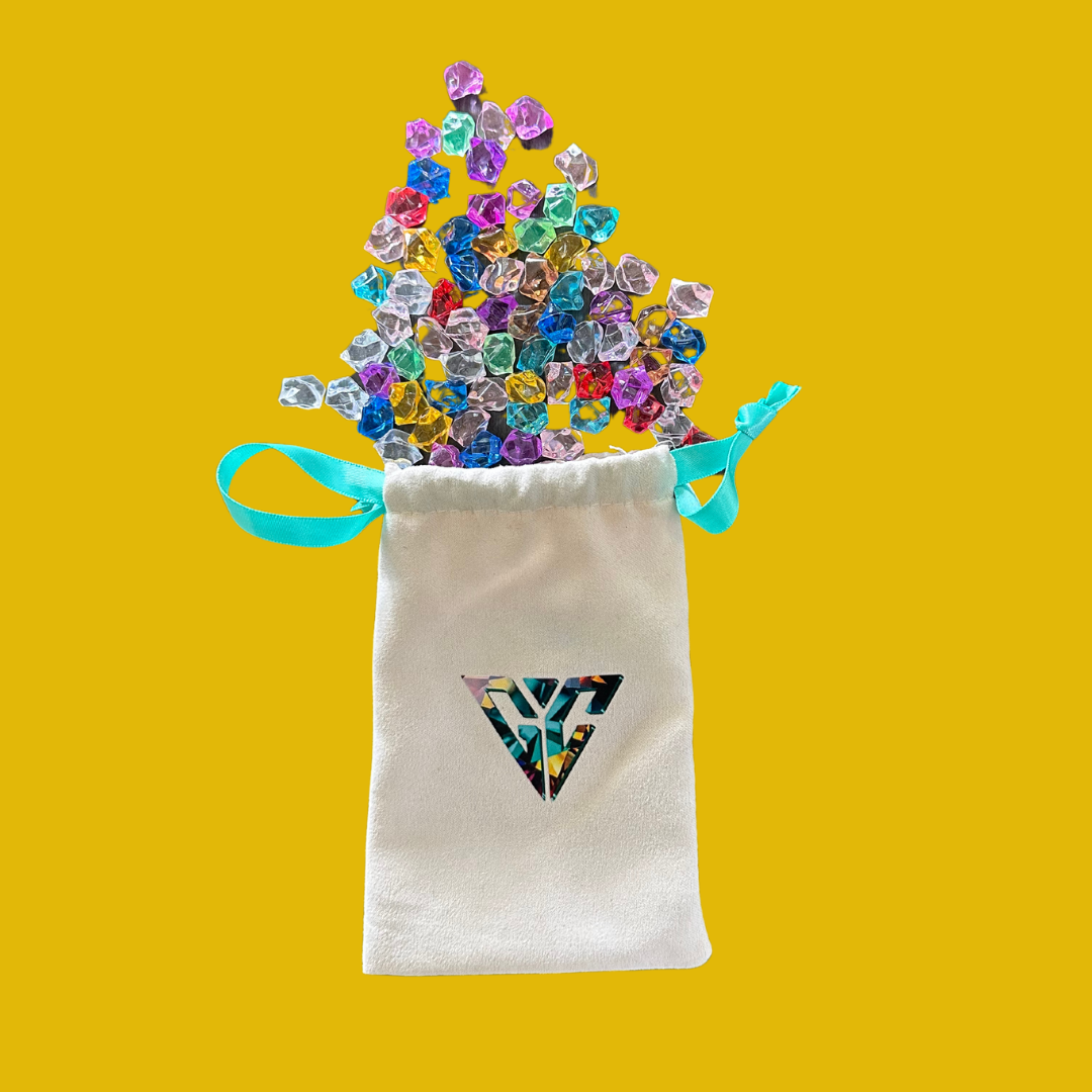 Colorful dice spilling from a Parham & Co. bag, perfect for family dice games