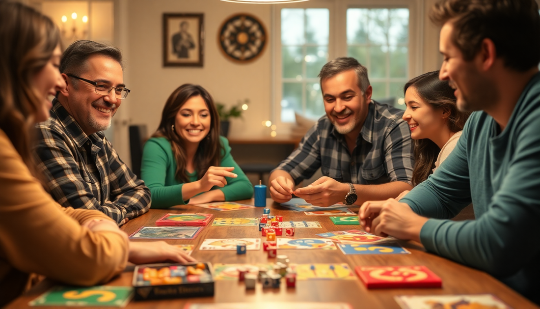 Family enjoying a fun evening playing quick dice games for families around a table filled with games