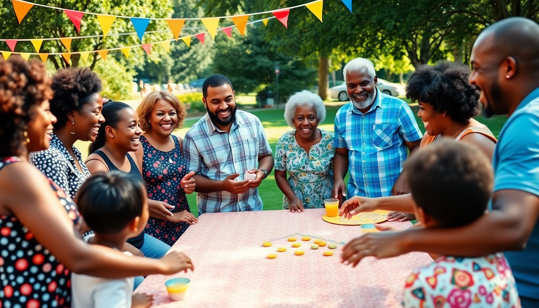 Joyful gathering at a Black family reunion with games, laughter, and colorful decorations