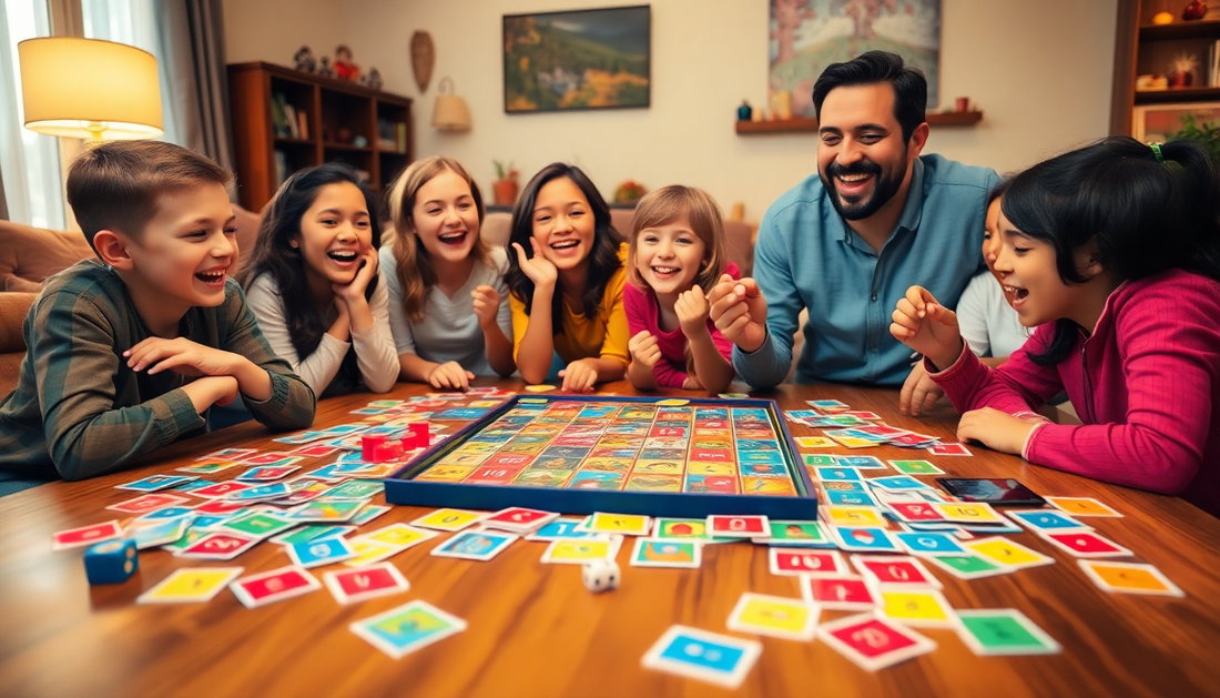 Family game night dares with kids and adults enjoying a board game around a table