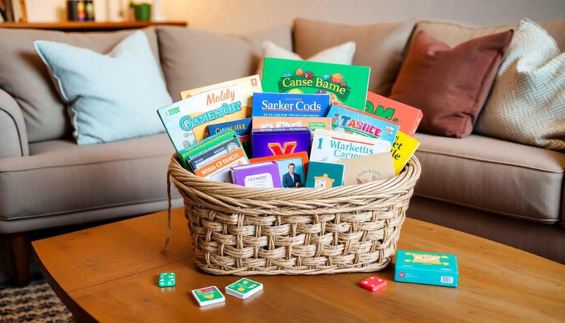 DIY family game night baskets filled with games, books, and activity cards on a coffee table