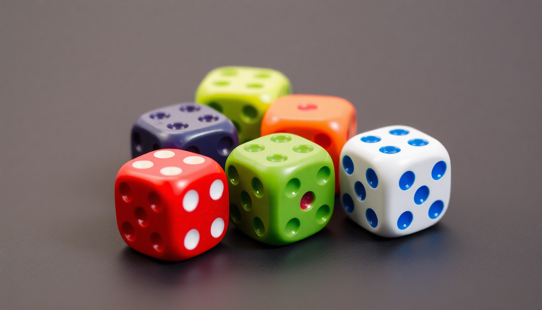 Colorful dice with dotted patterns representing Greed dice game rules and gameplay strategies