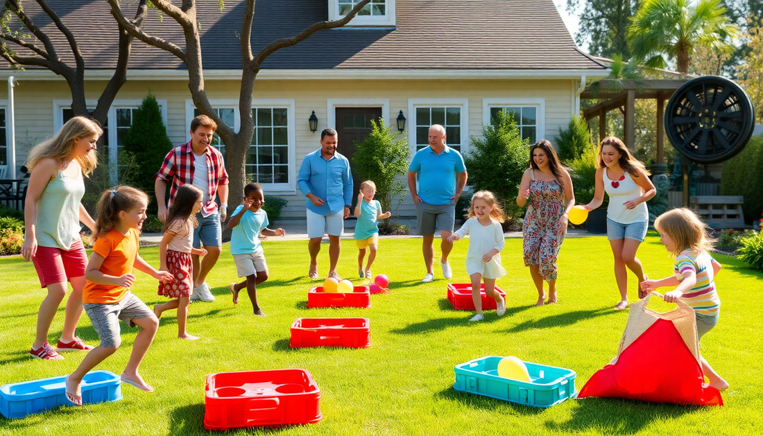 Families enjoying outdoor activities for family reunions in a sunny backyard with games and laughter