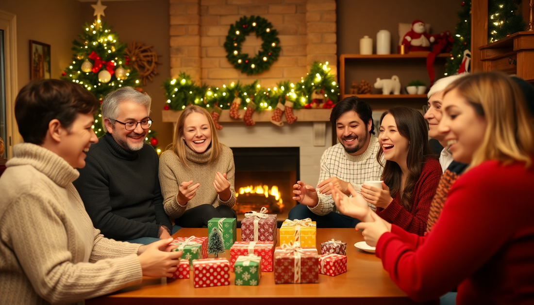 Families enjoying Christmas party games for families around a festive table with gifts and decorations