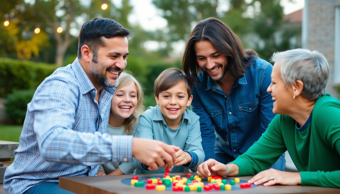 Family members enjoying a game night outdoors, capturing joyful interactions while playing together