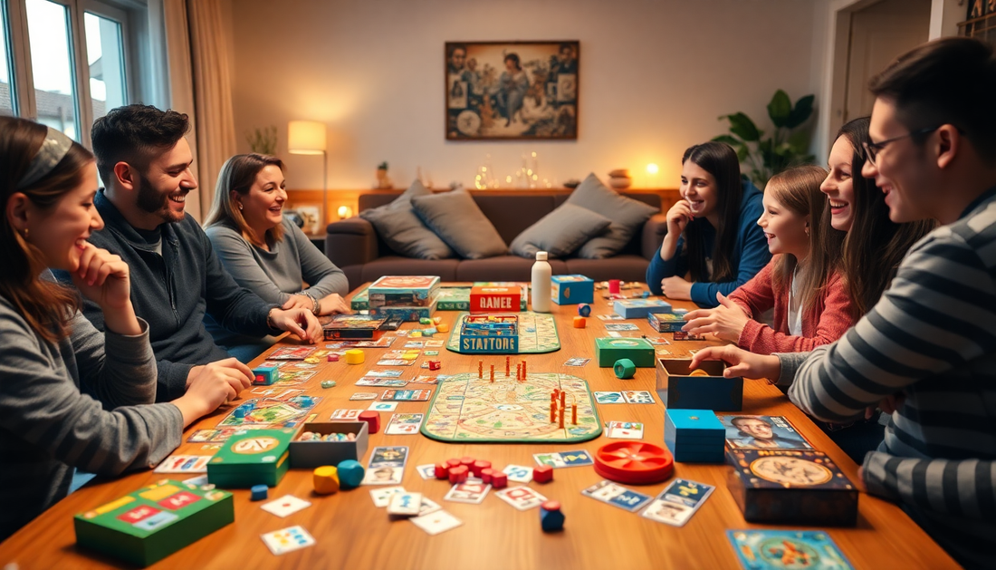 Exciting family game night accessories displayed on a table with people enjoying games together