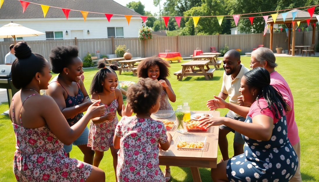 Fun and laughter at a family cookout featuring the best black family cookout games in a sunny backyard