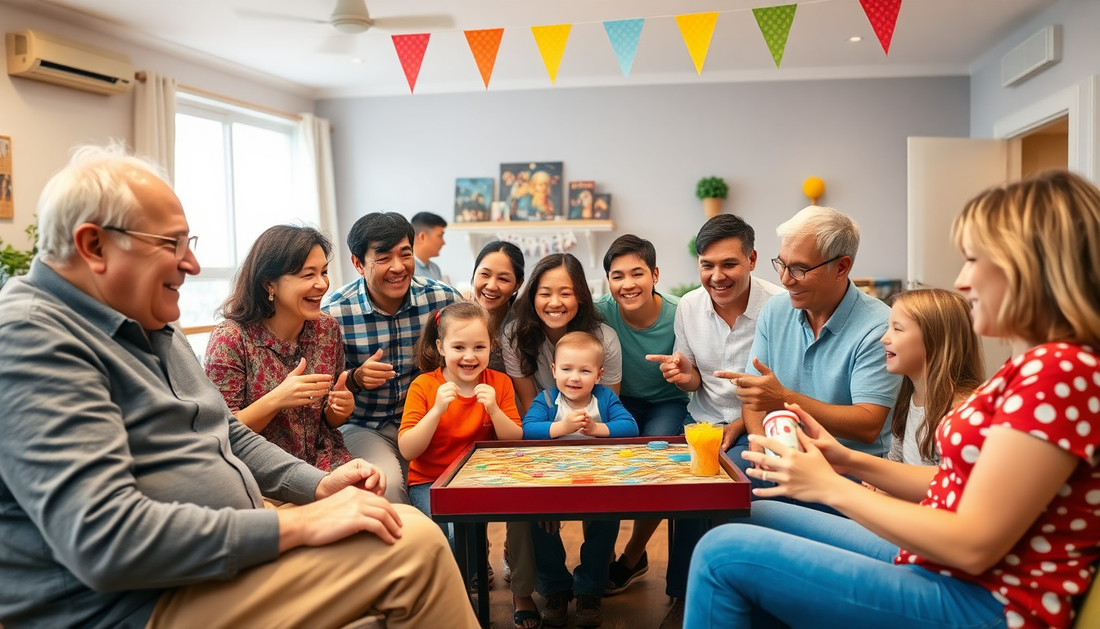 Families enjoying fun indoor games for big families at a lively gathering with board games