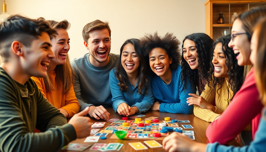 Group of teens enjoying board games during family night with laughter and fun, featuring best games for teen family night