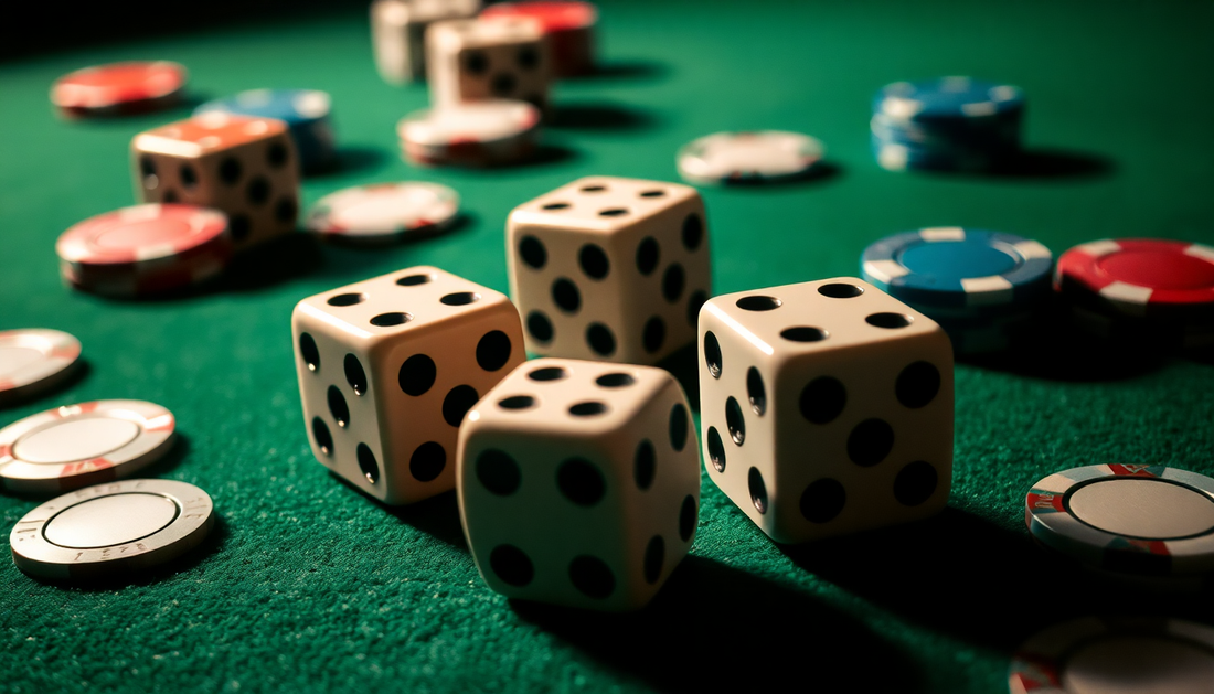 A vibrant scene with dice and poker chips showcasing the top 5 dice games to bet on