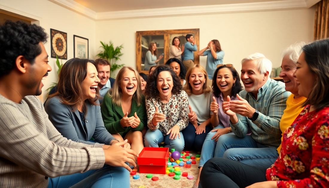 A lively gathering of adults enjoying fun group games for adults, laughing and playing together