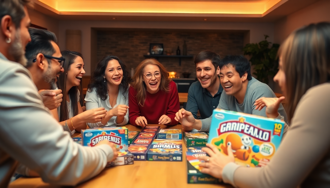 Group of friends enjoying the best adult party board games around a table with laughter and excitement