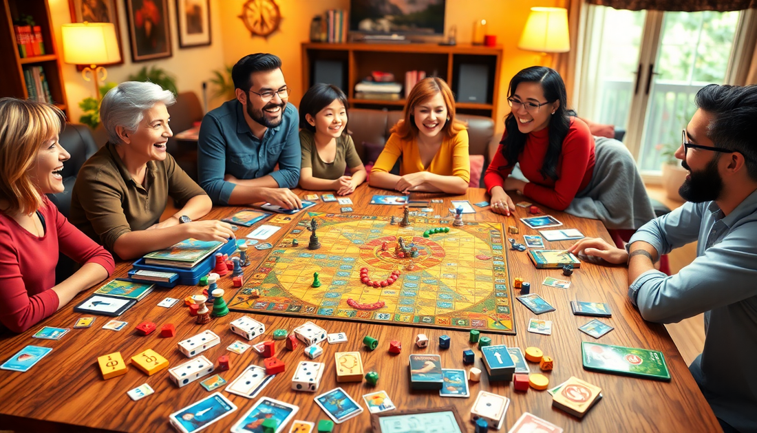 Group of adults enjoying the best table games for adults around a cozy living room table