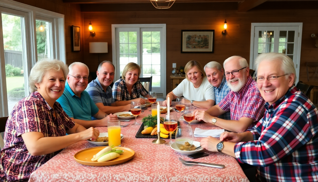 Fun group enjoying a meal at a family reunion while planning the best family reunion games