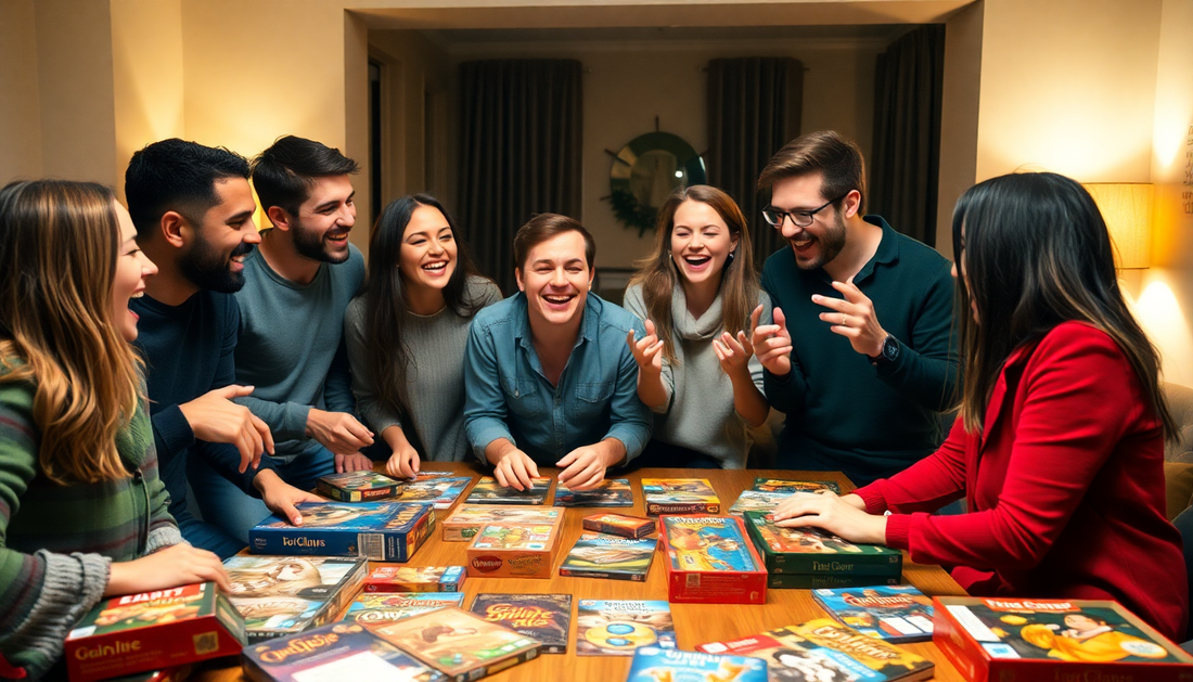 Friends enjoying the best adult party board games gathered around a table full of game boxes and laughter