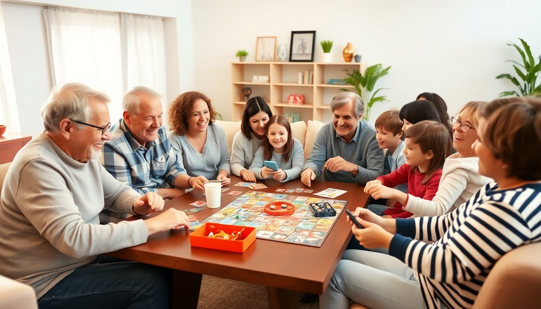 Family enjoying fun indoor games for family around a table with board games and cards