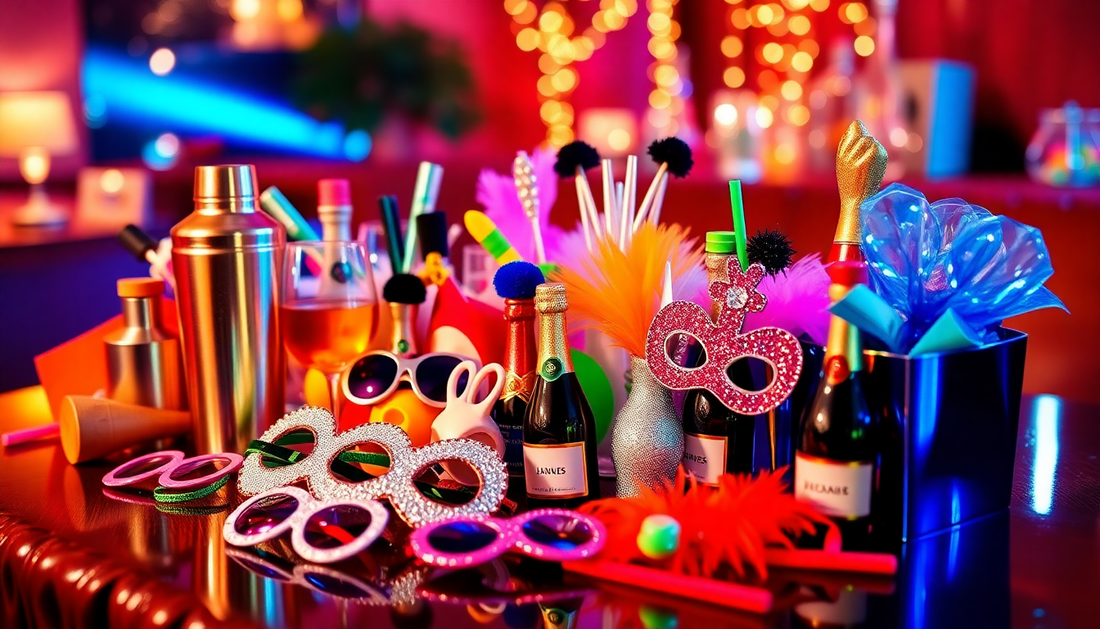Colorful assortment of the best adult party favors including masks, cocktails, and playful accessories