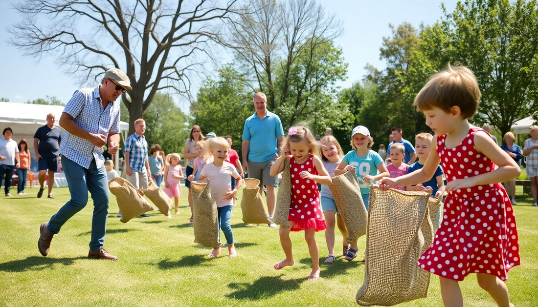 Children and adults enjoying fun family reunion games with sack races in a sunny outdoor setting