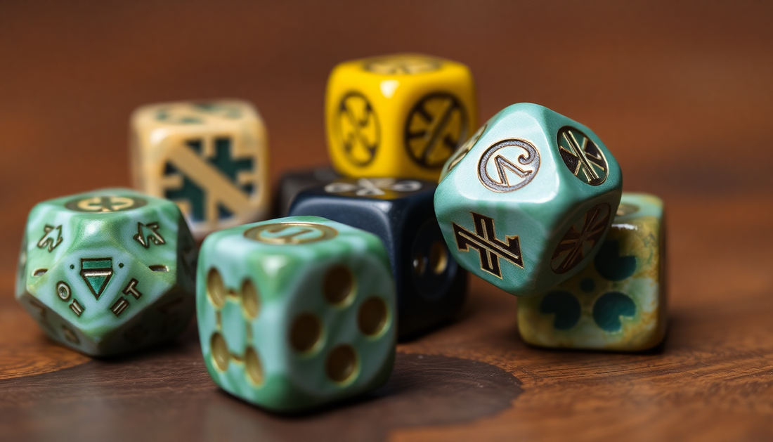 Collection of Tau dice for tabletop games featuring unique design and precise markings for fair rolls
