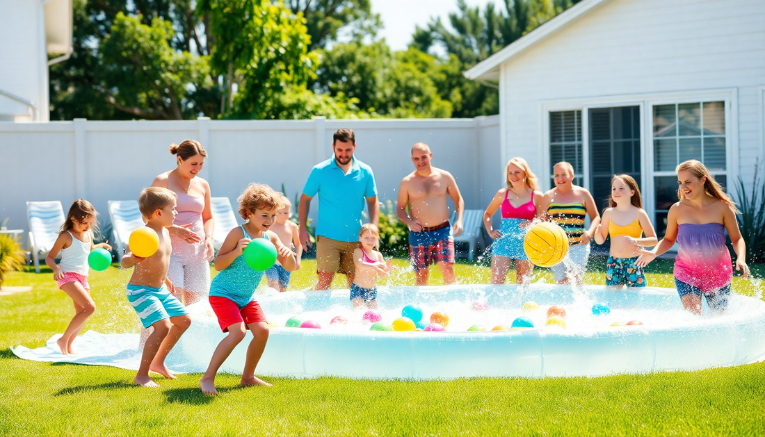 Fun water games for family reunion with kids and adults playing in a pool on a sunny day