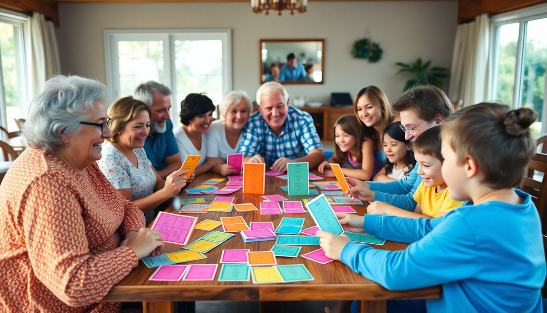 Families enjoying fun questionnaire games for families around a table filled with colorful cards