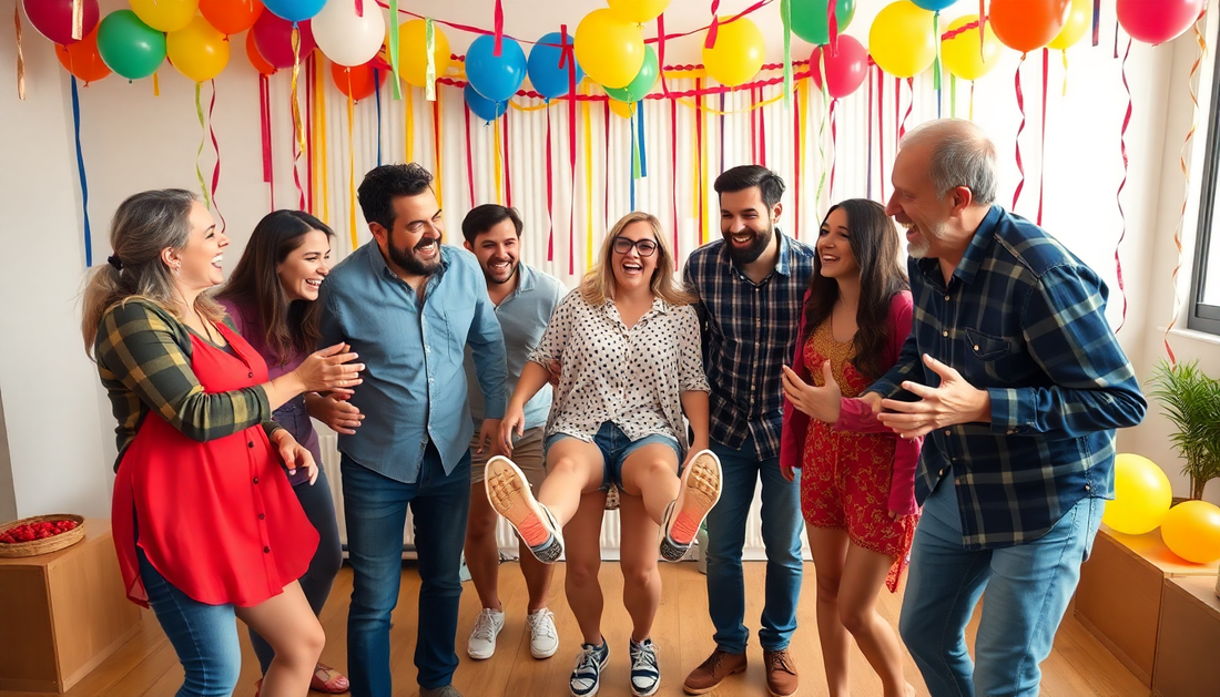 Group of friends enjoying fun games for adult parties in a festive setting with colorful decorations