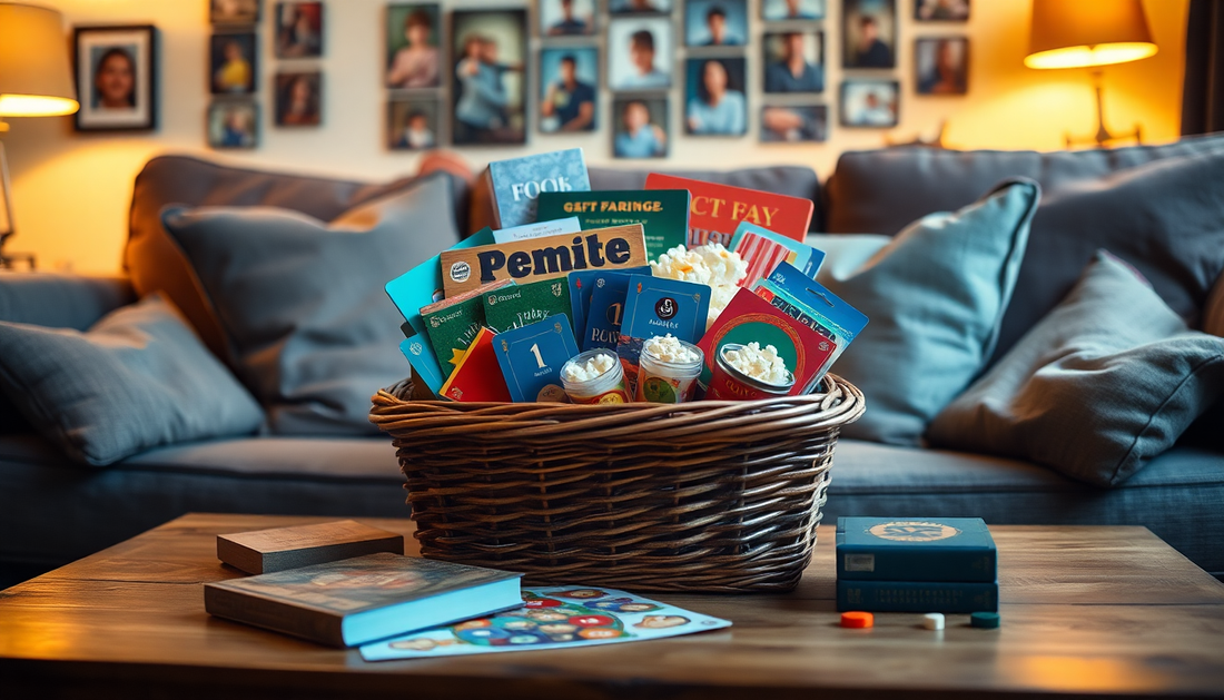 Colorful family game night gift baskets filled with board games and snacks on a coffee table