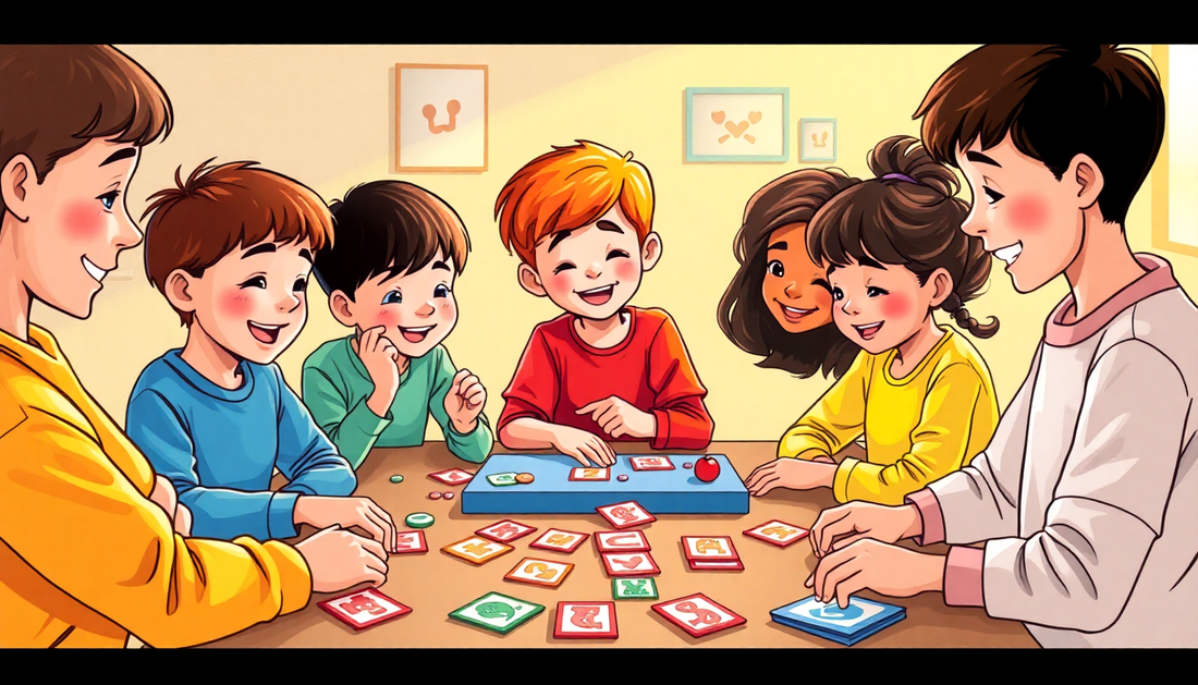 Kids enjoying fun emotional intelligence games for kids around a table, promoting teamwork and learning.