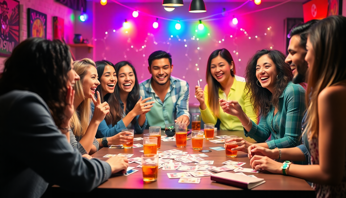 Group of friends enjoying the best drinking games for adults at a lively indoor party