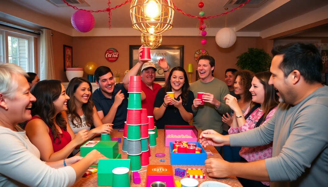 Energetic group enjoying Minute to Win It games for adults in a festive setting
