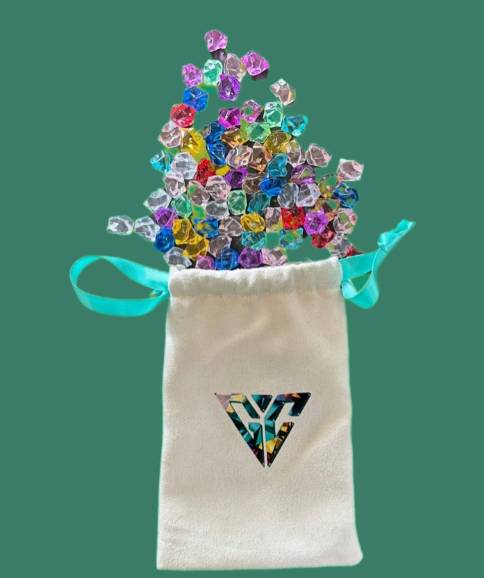 Colorful game tokens set in a drawstring pouch spilling out with various vibrant colors